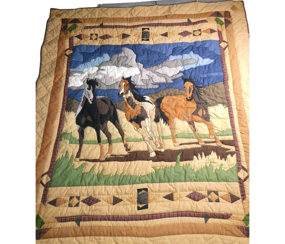 PATCH MAGIC 3 Horses Western Cotton Quilt Throw Wall Hanging 60x53